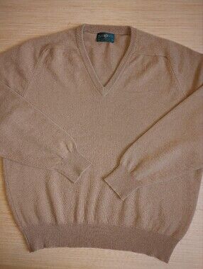 Alan Paine Lambs Wool Pullover Sweater Beige V Neck Brown Camel Long Sleeve 58